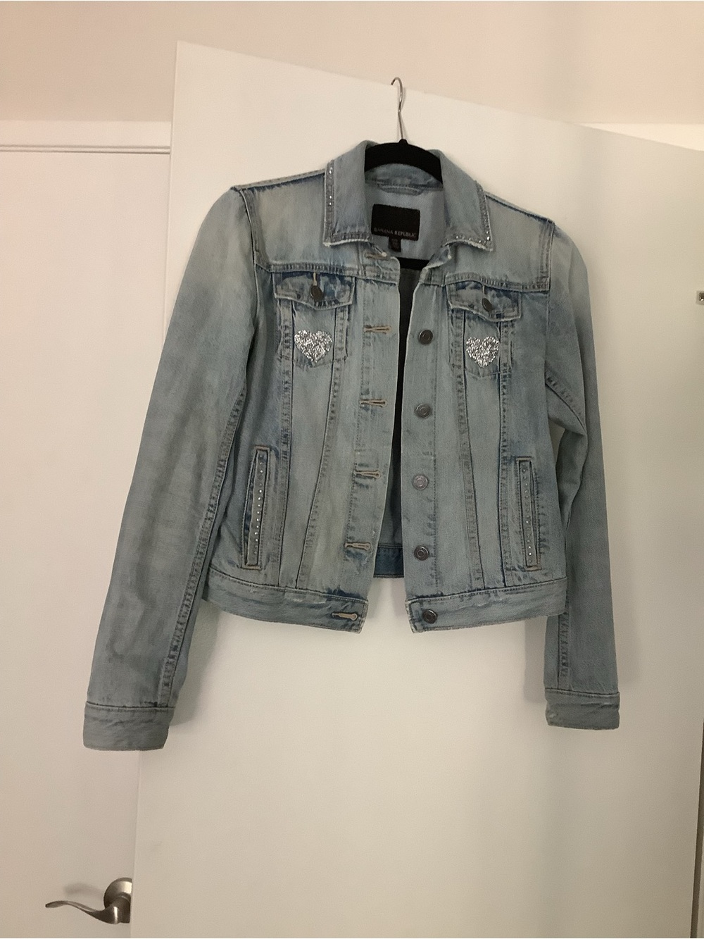 Banana Republic Light Blue Denim Jacket with Heart Crystal Accents, XS Petite